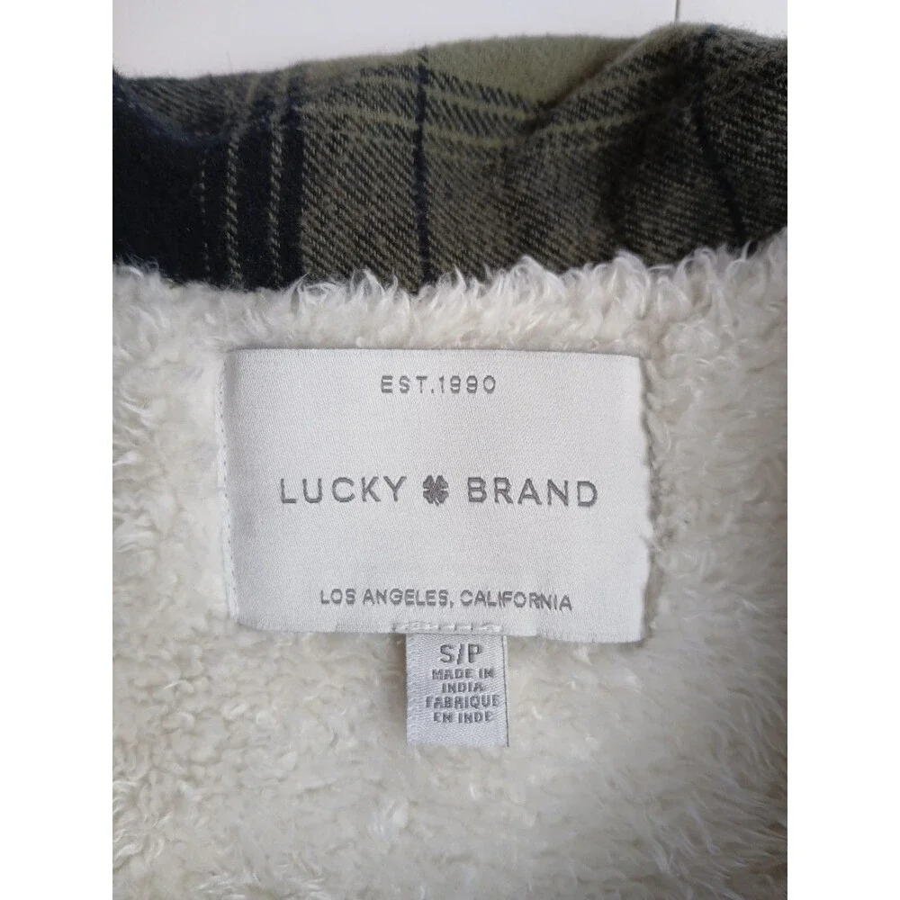 Lucky Brand Plaid Flannel Sherpa Jacket Shacket Womens Small Lined Green Camp - Picture 9 of 12